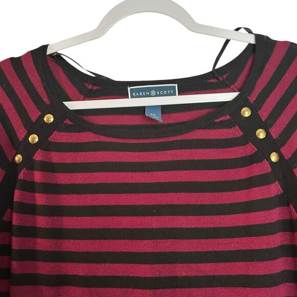 Karen Scott Knit Jersey Striped XXL Button Accents Burg/Black Nautical Stretchy - Picture 3 of 7
